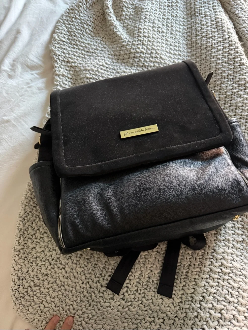 Petunia Pickle Bottom Black Convertible Backpack with Gold Accent
